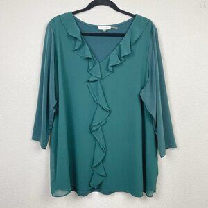 Calvin Klein Women's 1X Emerald Green V-Neck Ruffle Chiffon Blouse Top Office